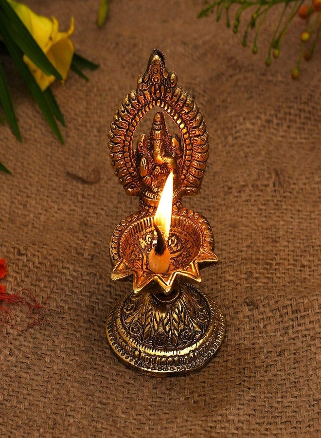 كلاسيك معدن كلاسيكي عتيق Ganeshaji Idols Diya مطلي بالذهب لمصباح زيت المعبد للمنزل والمكتب وغرفة بوجا، ديكور ديوالي 5 باتي ديا | (عبوة من 1، ذهبي) - Image 1